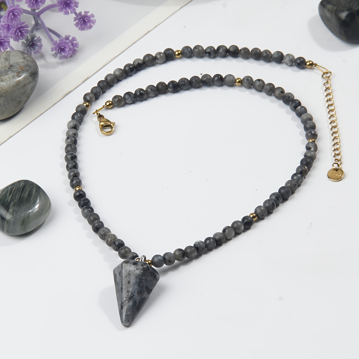 Natural Gray Labradorite Beaded Necklace with Cone Pendant